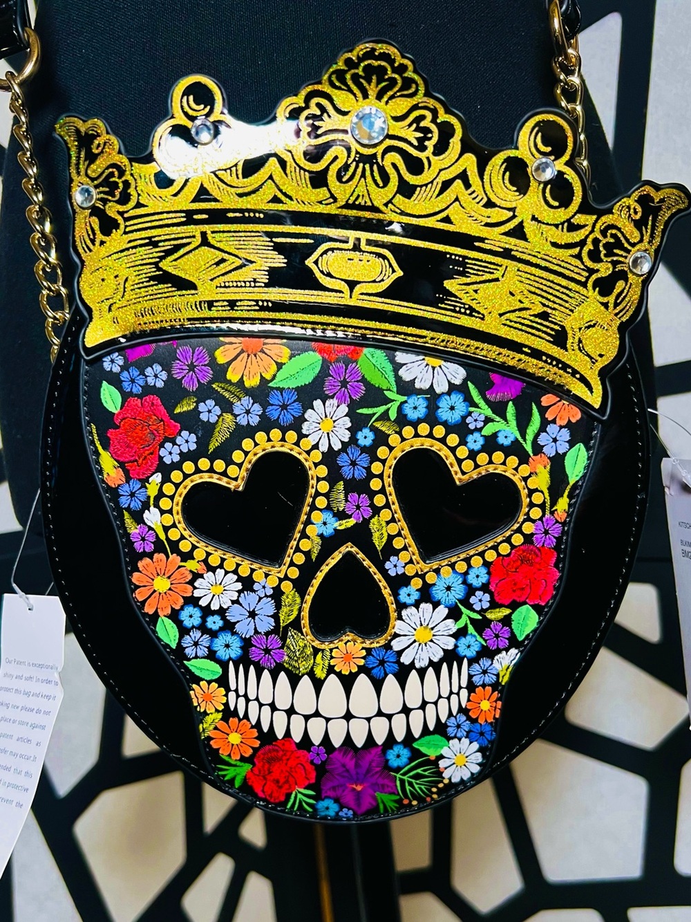 Betsey Johnson Black w/Gold Kitsch Halloween Queen Sugar Skull Crossbody NWT